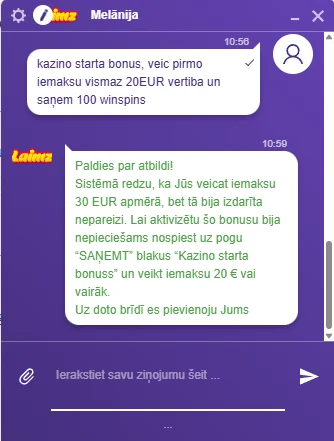 Laimz atbalsta čats manuāli pievieno kazino starta bonusu