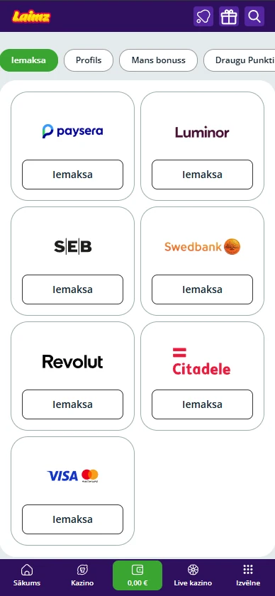 Laimz kases iemaksu metodes - Paysera, Luminor, SEB, Swedbank, Revolut, Citadele, Visa un Mastercard