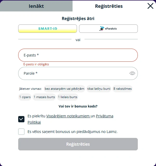Laimz reģistrācijas logs ar Smart-ID, eParaksts un e-pasta iespējām