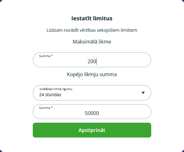 Laimz limitu iestatīšanas logs, kas atveras uzreiz pēc reģistrācijas