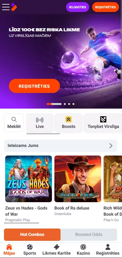 TonyBet mobilā versija